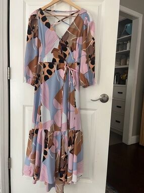 Hutch Pastel Blue, Pink and Brown Floral Midi Wrap Dress